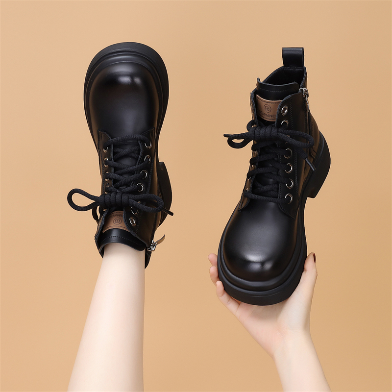 红蜻蜓牌真皮厚底马丁靴女2023年秋冬新款加绒加厚棉靴皮毛一体圆