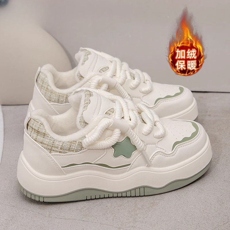 红蜻蜓牌加绒小白鞋女2023新款秋冬季百搭休闲鞋子高颜值校园厚底