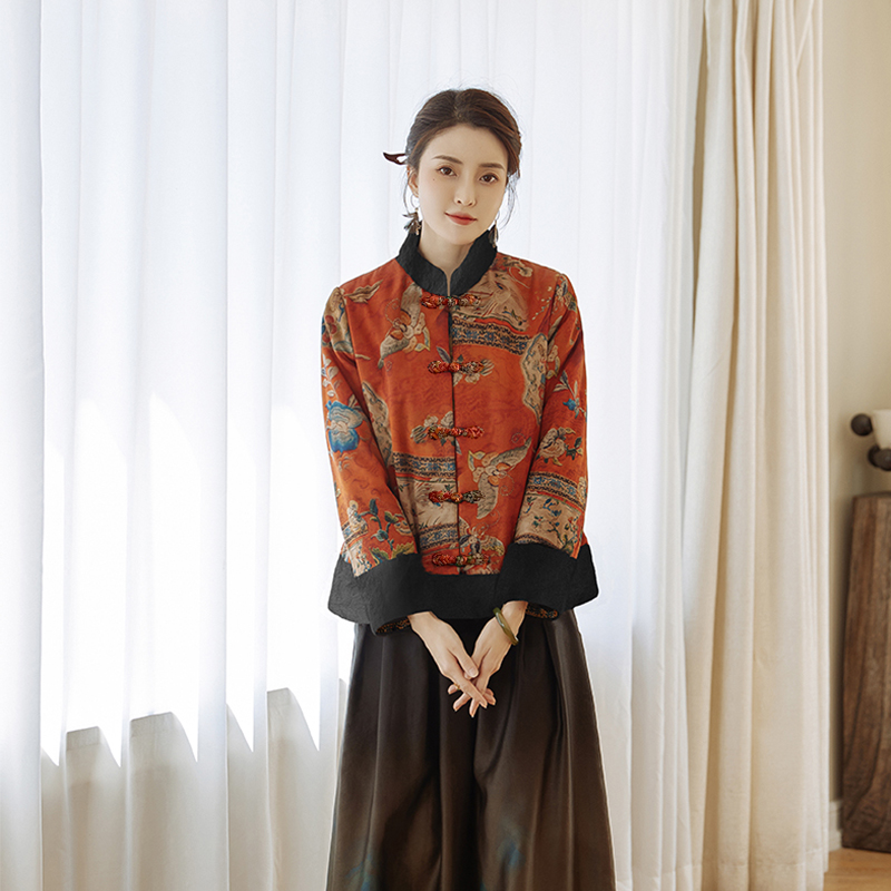 冬装新款真丝桑蚕丝香云纱盘扣中式国风唐装羽绒外套女立领短款