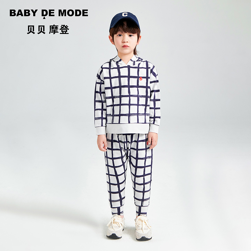 Baby De Mode/贝贝摩登男童连帽印花格子套头衫X23UL07