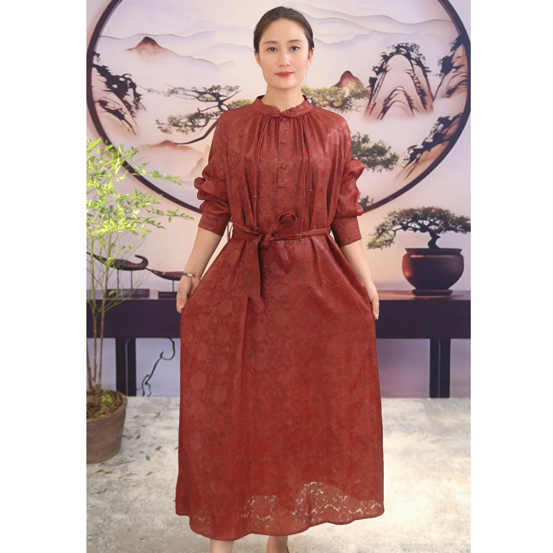 【冰蚕锦】高级感红色香云纱复古新中式桑蚕丝宽松中长款连衣裙
