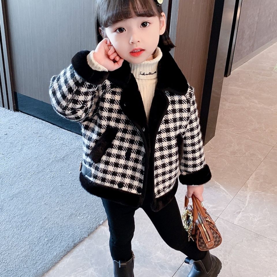 女童加厚外套秋冬装2021新款洋气网红儿童女宝宝加绒格子呢子大衣