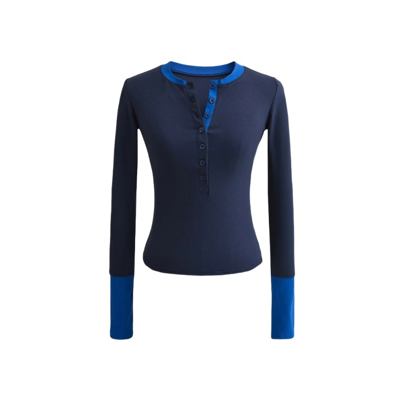 【悦己】圆领半开扣修身打底衫假两件小众个性拼接撞色辣妹T恤上衣