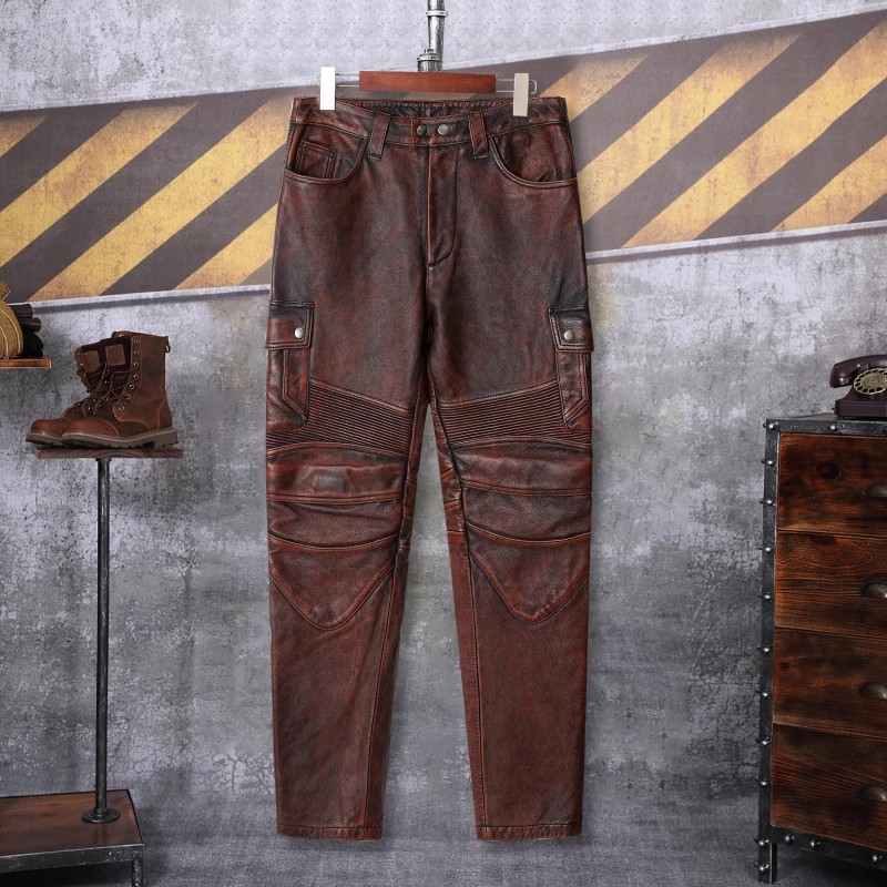 重工水洗石磨做旧真皮皮裤男士头层牛皮多口袋加护具工装骑行长裤
