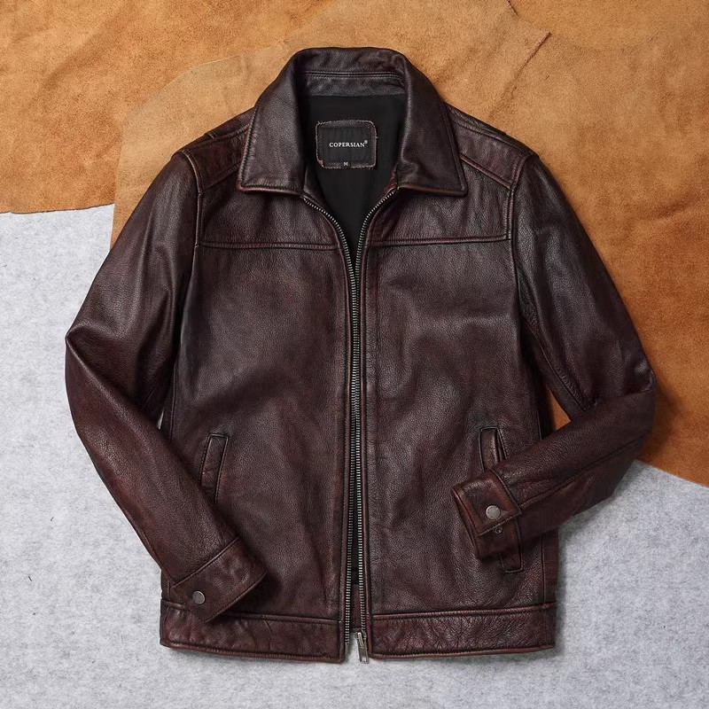 复古红棕石磨做旧真皮皮衣男头层牛皮休闲短款皮夹克秋冬机车外套