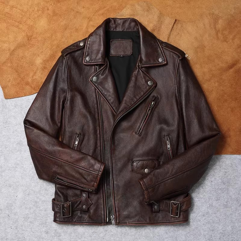 经典机车头层牛皮皮衣男复古石磨做旧短款皮夹克摩托车修身外套潮