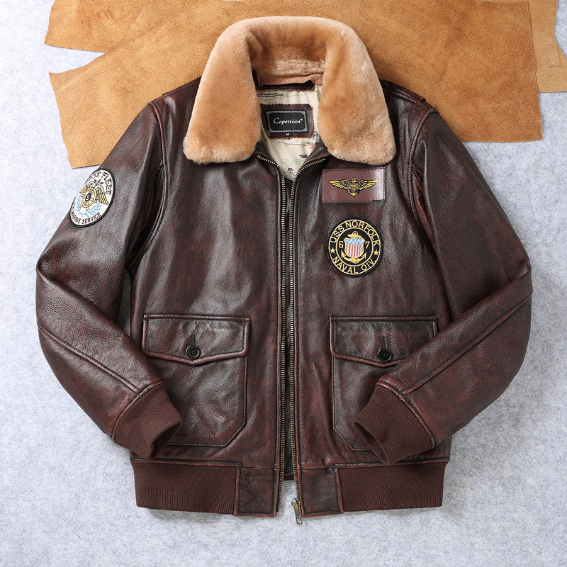 秋冬G1头层牛皮加棉飞行服复古石磨做旧真皮皮衣男毛领短款皮夹克