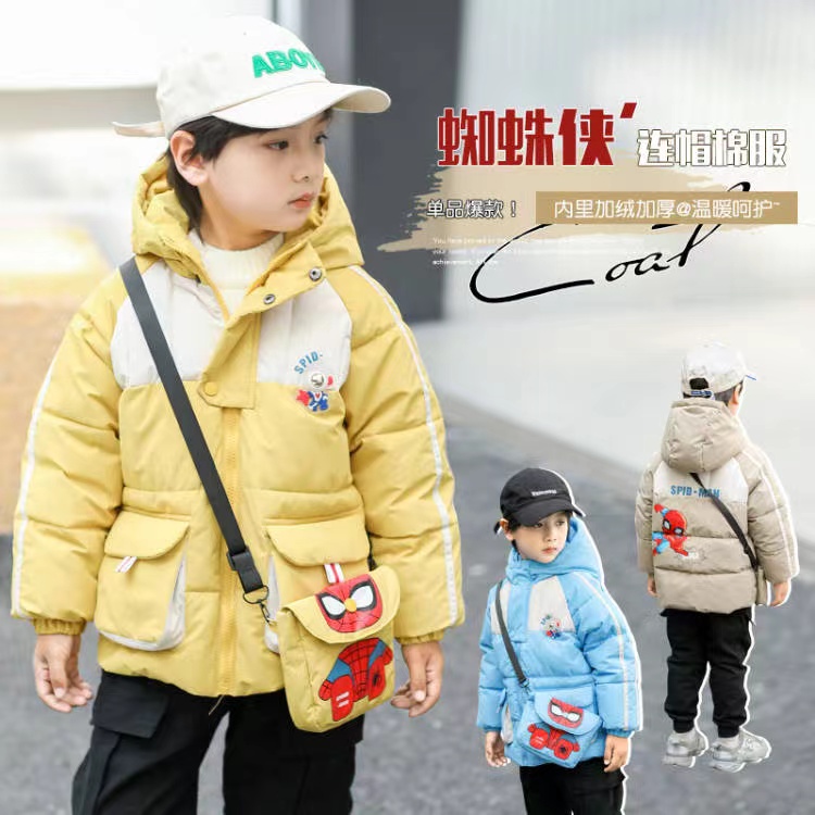 2024年新款羽绒棉服蜘蛛侠带包包加厚BB绒外套冬季冬装加厚棉袄