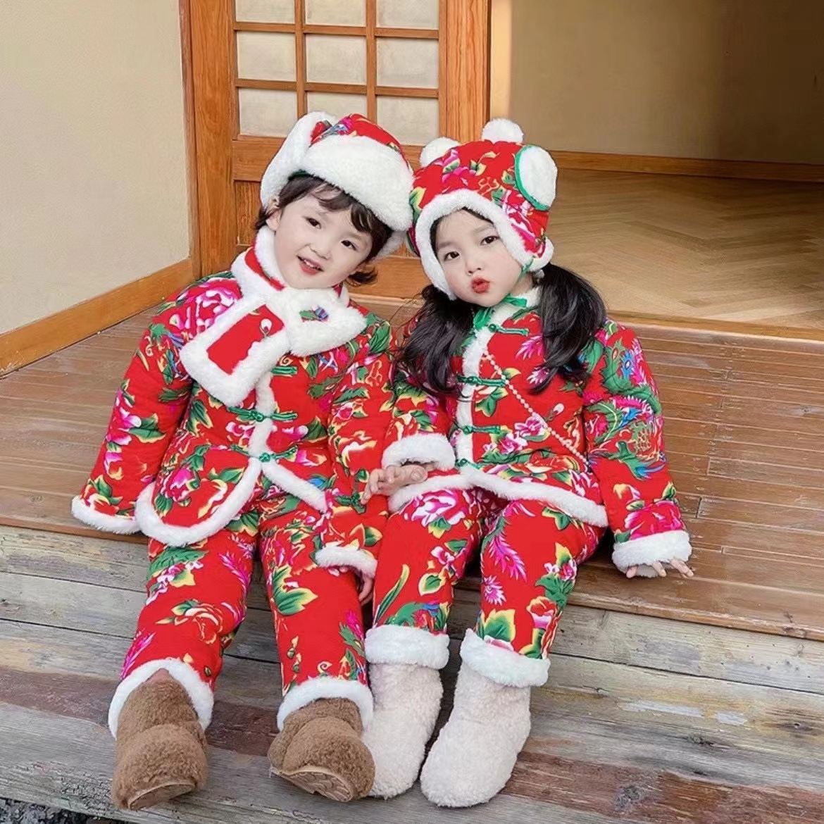 东北大花袄套装过年孩子必备款冬季新款夹棉保暖儿童