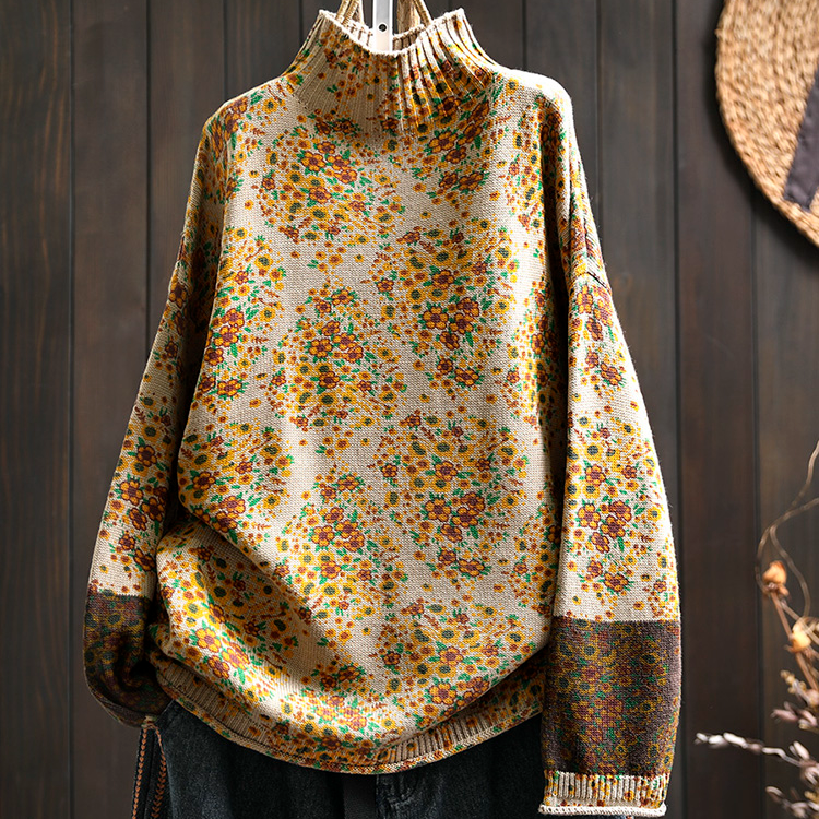 复古印花半高领棉线毛衣女宽松显瘦秋装袖口撞色不起球打底针织衫