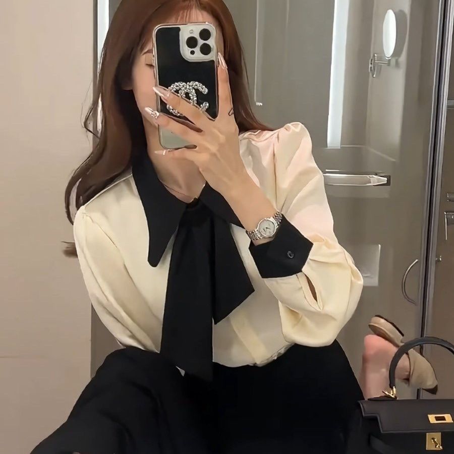 法式气质小香风蝴蝶结长袖衬衫女2025新款衬衣初秋高级感内搭上衣