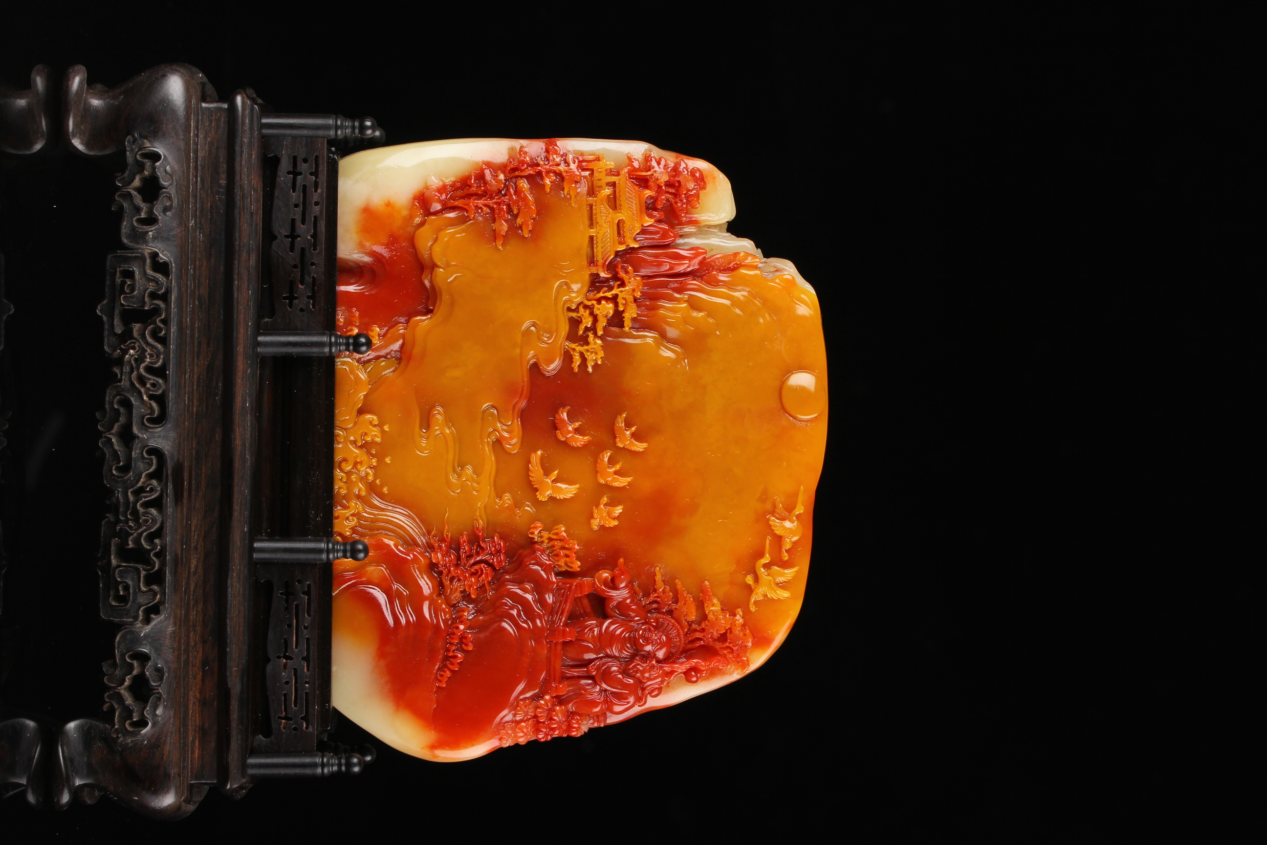 国石山房寿山石三彩夹板芙蓉石摆件-觀鹤图-珍藏品，送礼佳品