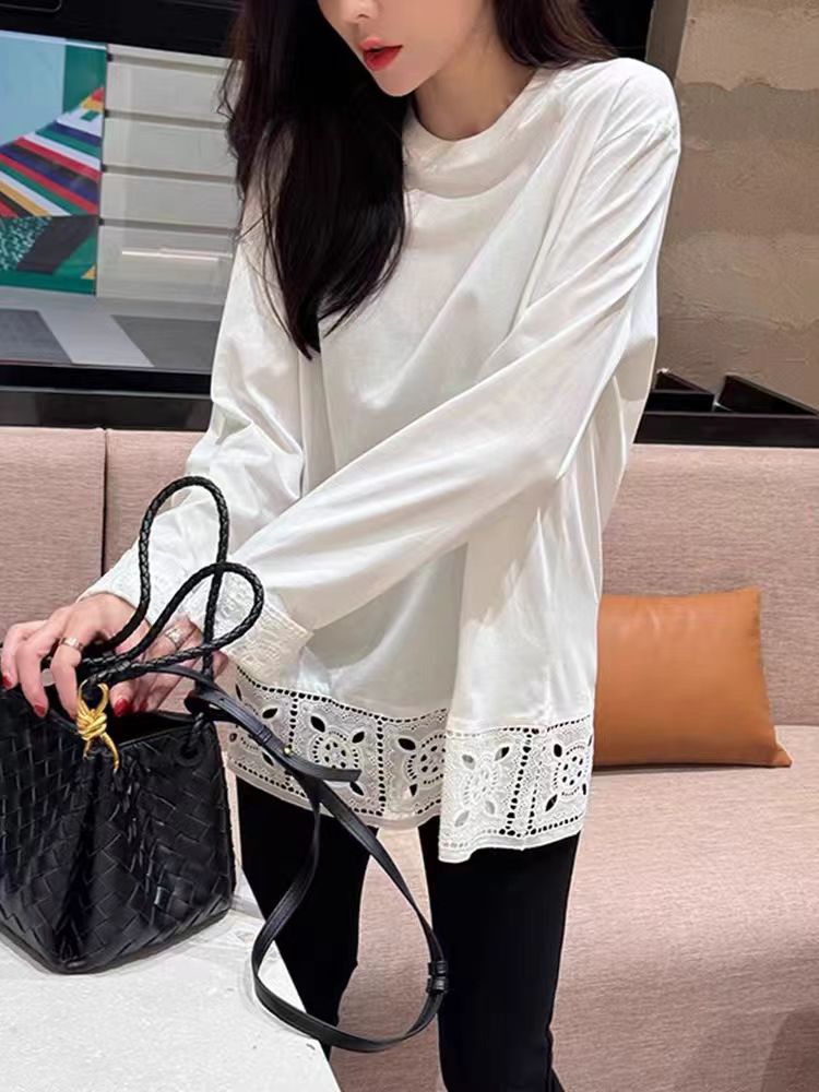 T恤拼接长袖纯色圆领蕾丝秋冬显瘦打底衫休闲薄款夏季内搭开叉