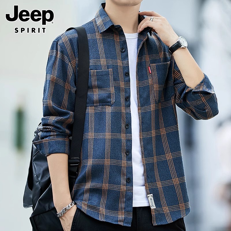 【格子翻领】吉普JEEPSPIRIT美式长袖衬衣男士春秋新款休闲百搭外套