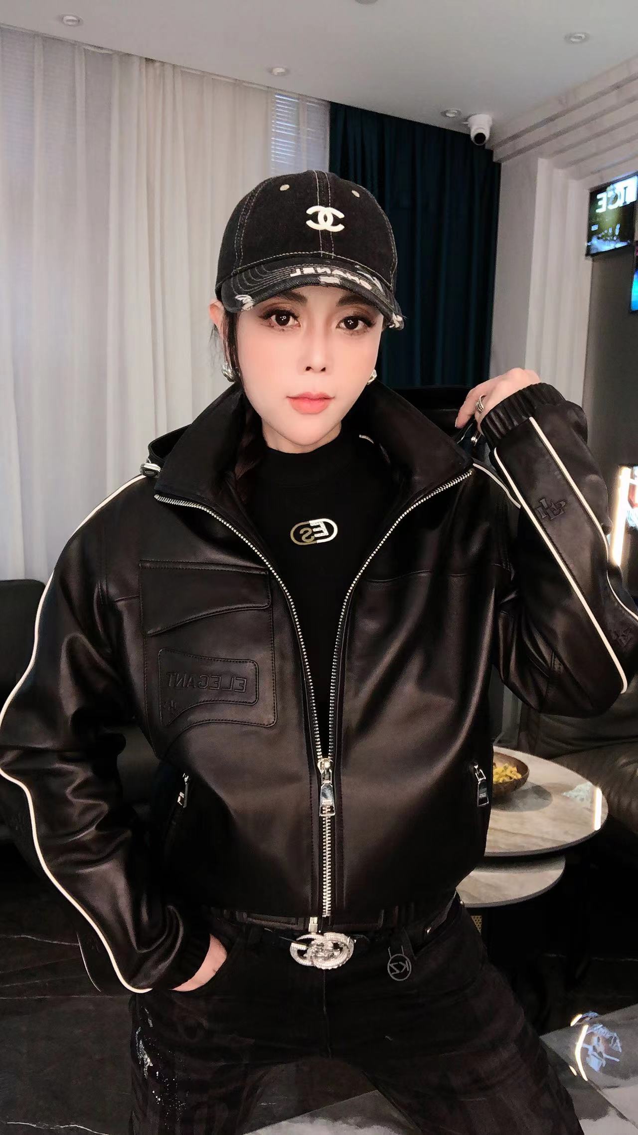 【JDKJ】秋冬短款轻奢高端经典休闲时尚立领连帽绵羊皮真皮皮衣P021