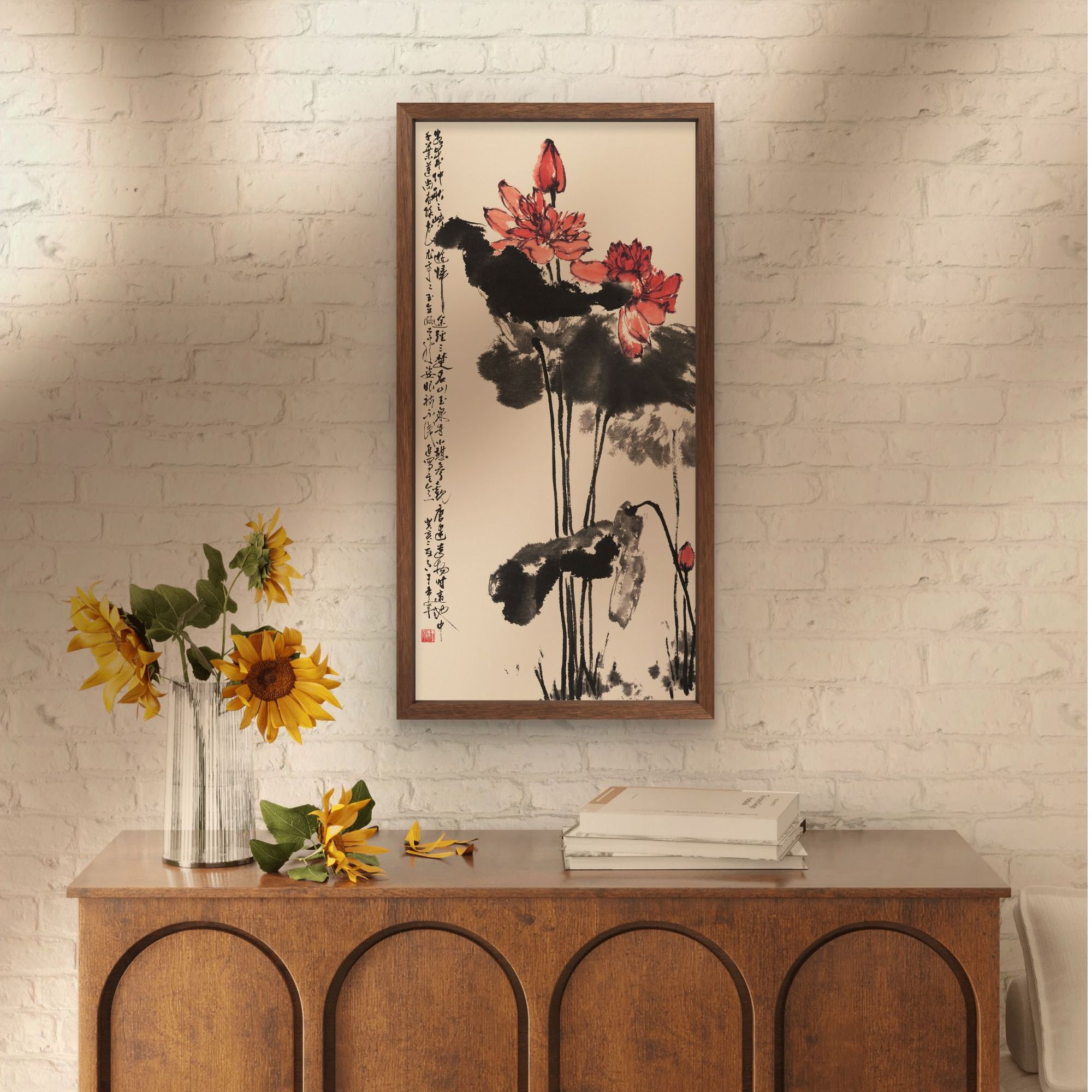 895-35*68水墨荷花中式装饰画木框玄关书房茶室客厅挂画