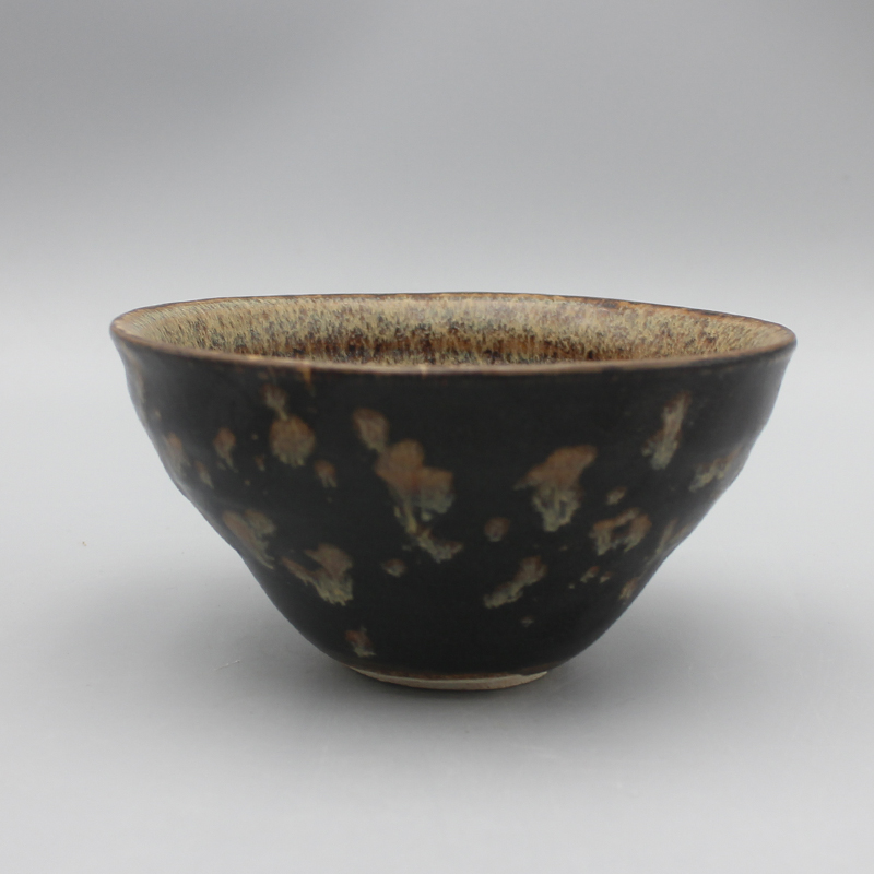 6918古陶瓷-明代吉州窑剪纸贴花双凤纹斗笠碗