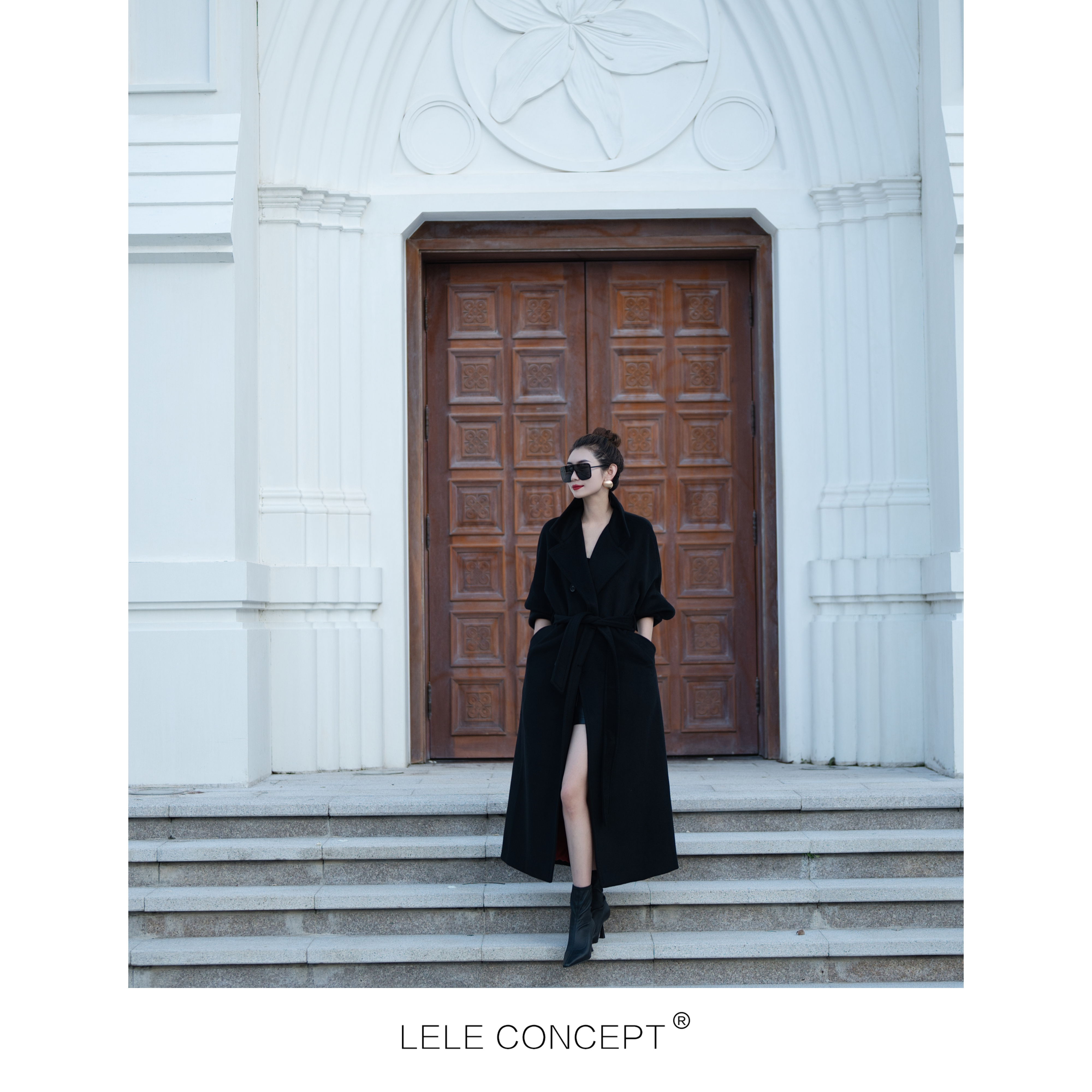 【LELE】宽松时尚长款气质山羊绒经典长袖通勤款六扣腰带大衣D0036