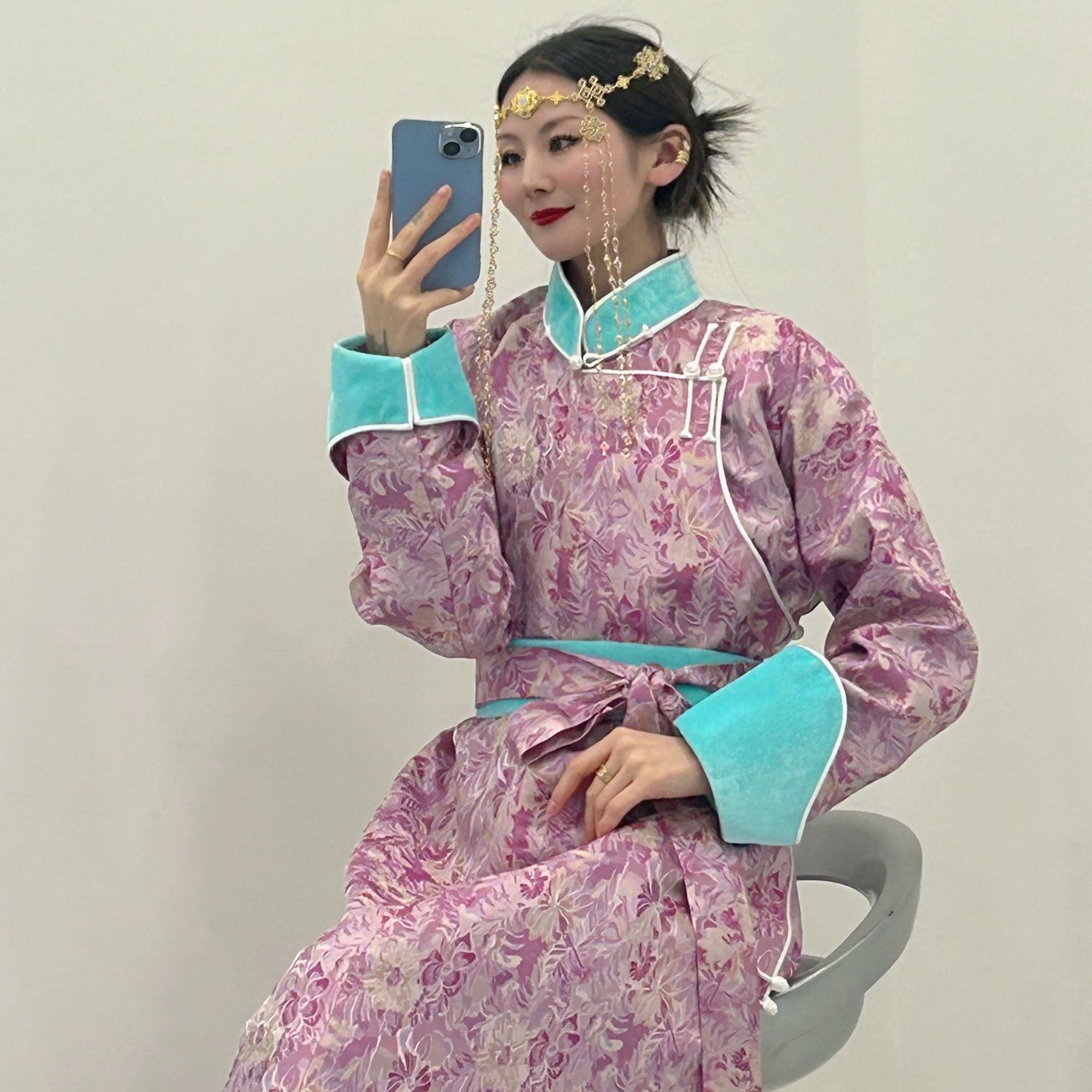 【乌音格私人定制】 新款四季民族风樱花粉气质重工碎花传统袍子