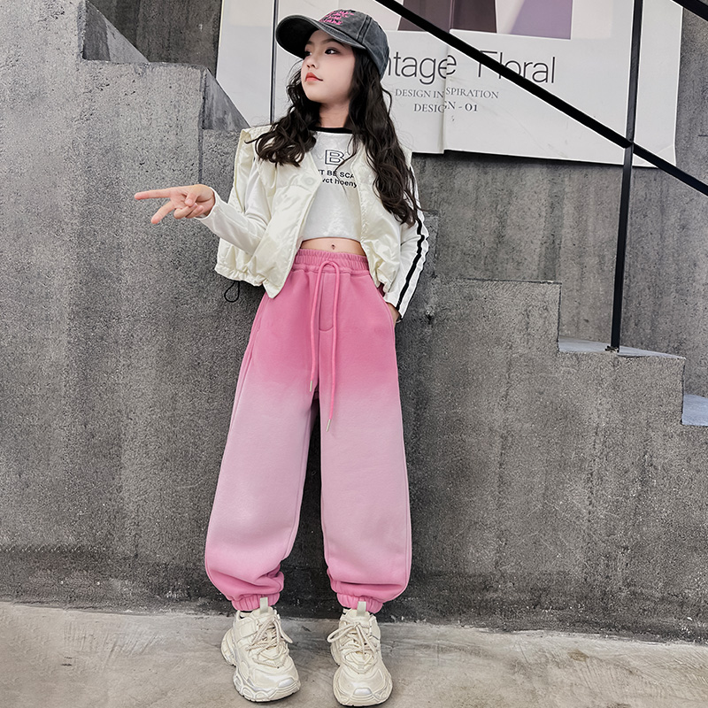 女童加绒裤子冬季2023新款中大童网红宽松休闲裤加厚时髦运动卫裤