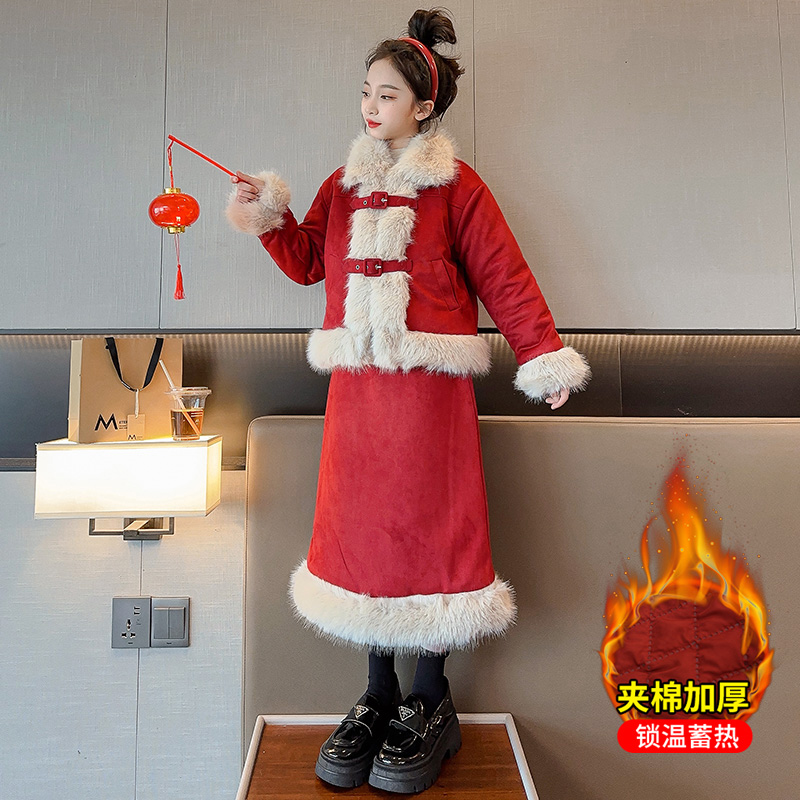 女童加厚连衣裙套装冬季2023新款中大童洋气夹棉小香风外套拜年服