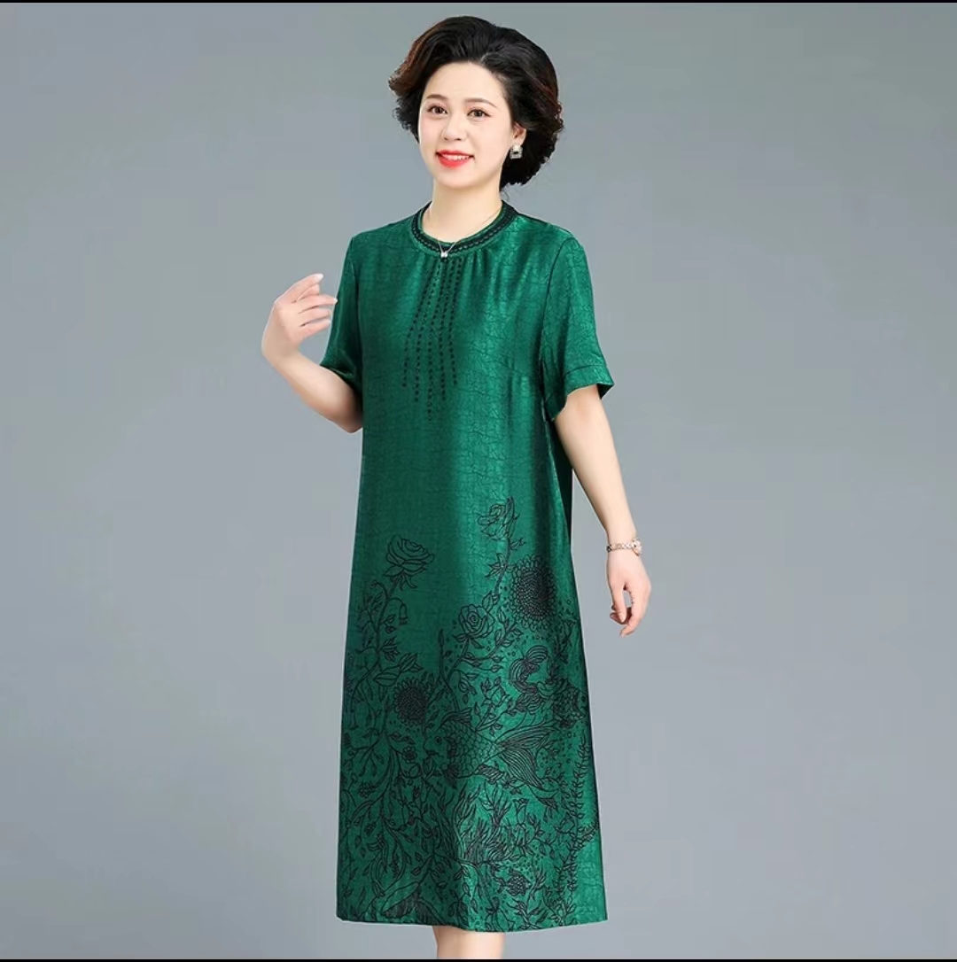 【新品尝鲜】春夏季中式印花收腰时尚中长款气质短袖连衣裙2357