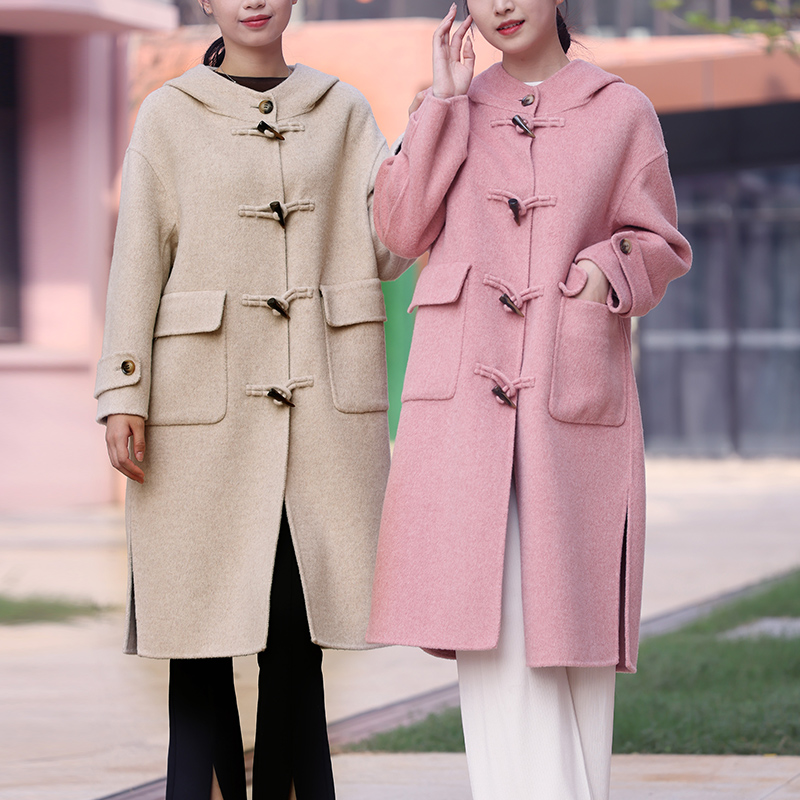 ASMIEEII 新款绵双面呢大衣女宽松连帽牛角扣外套TC2361