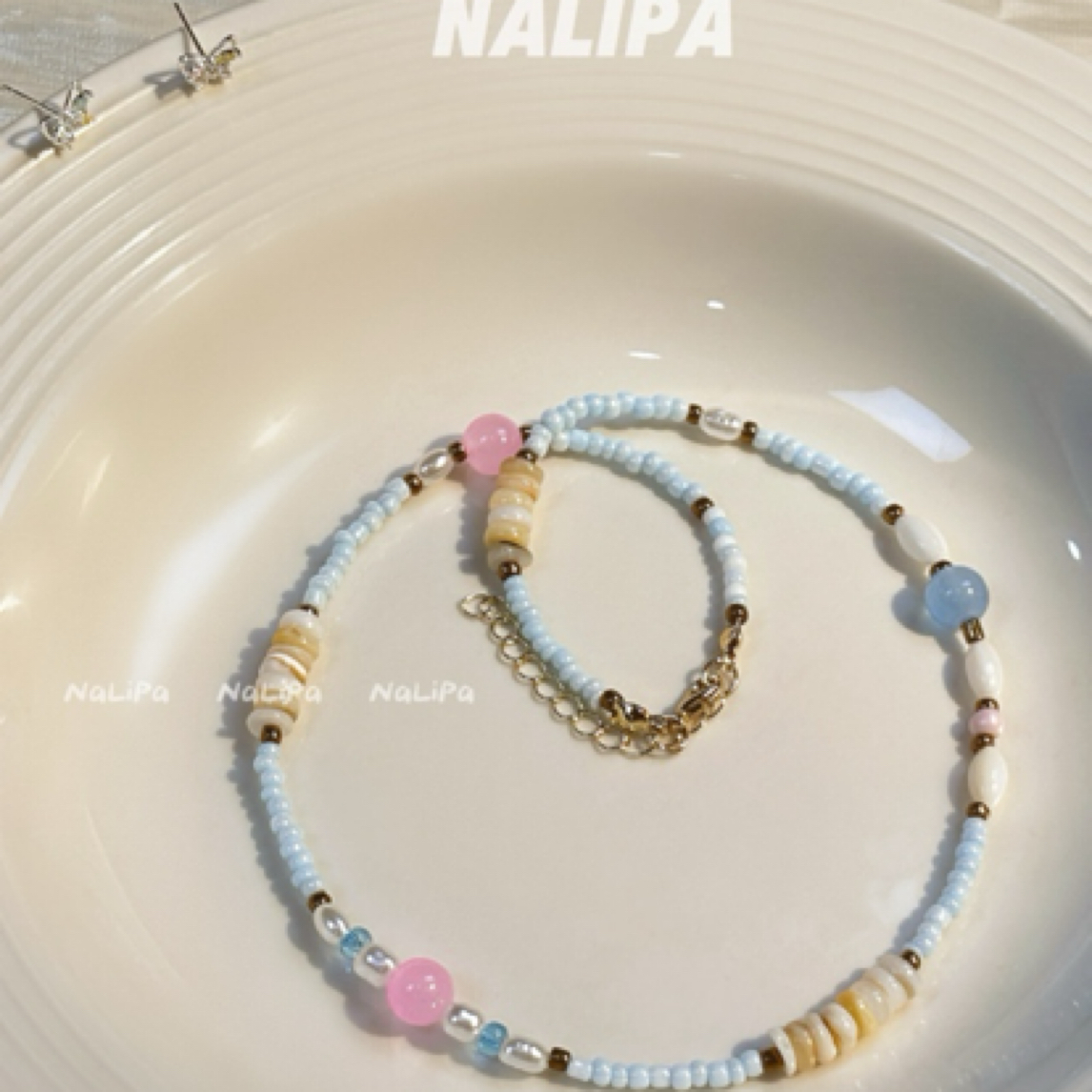 铜合金树脂项链 海岛风清新粉蓝串珠项链气质百搭高级感锁骨链