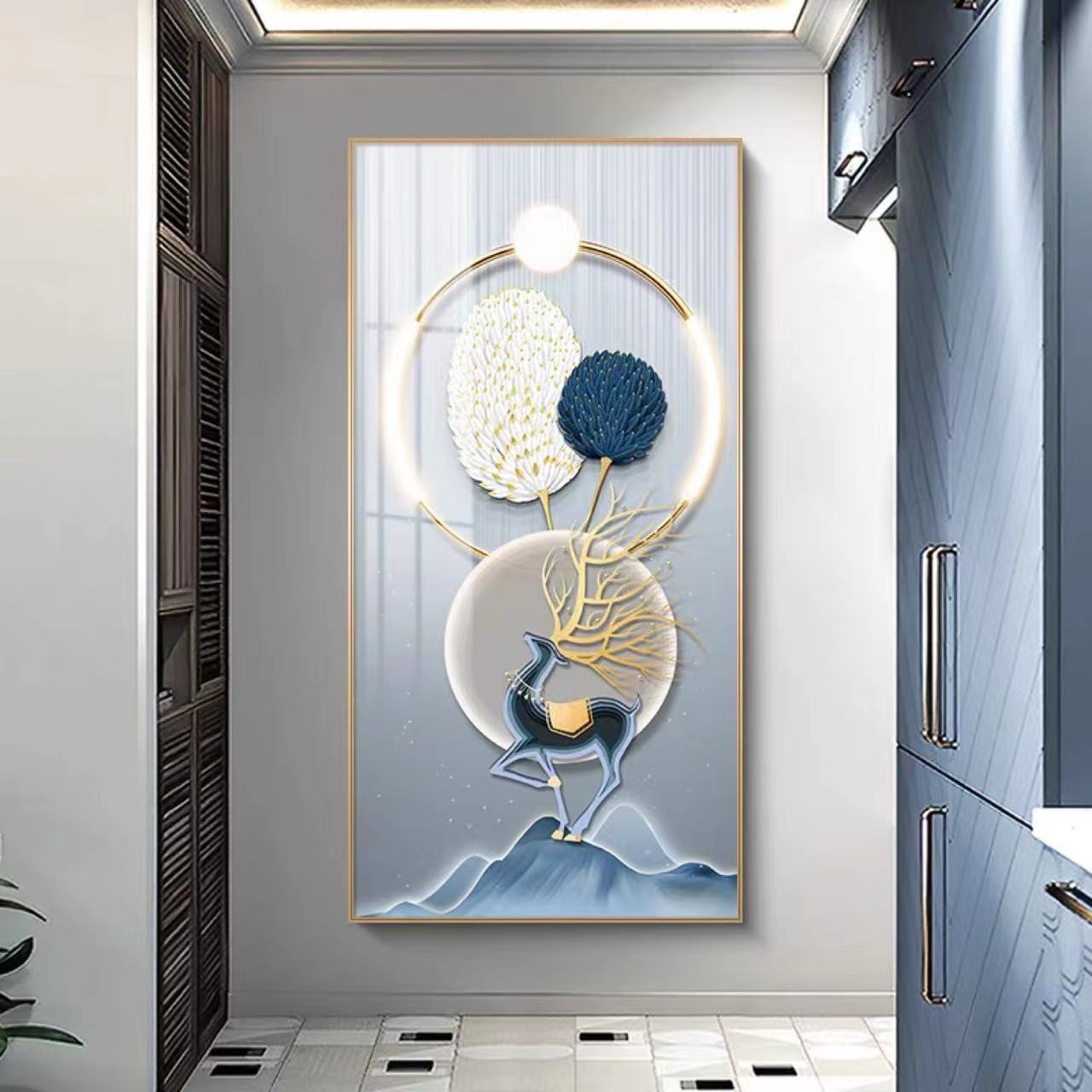 玄关画带灯《一鹿高升》【多款画面选择】镶钻晶瓷装饰画手工轻奢金框