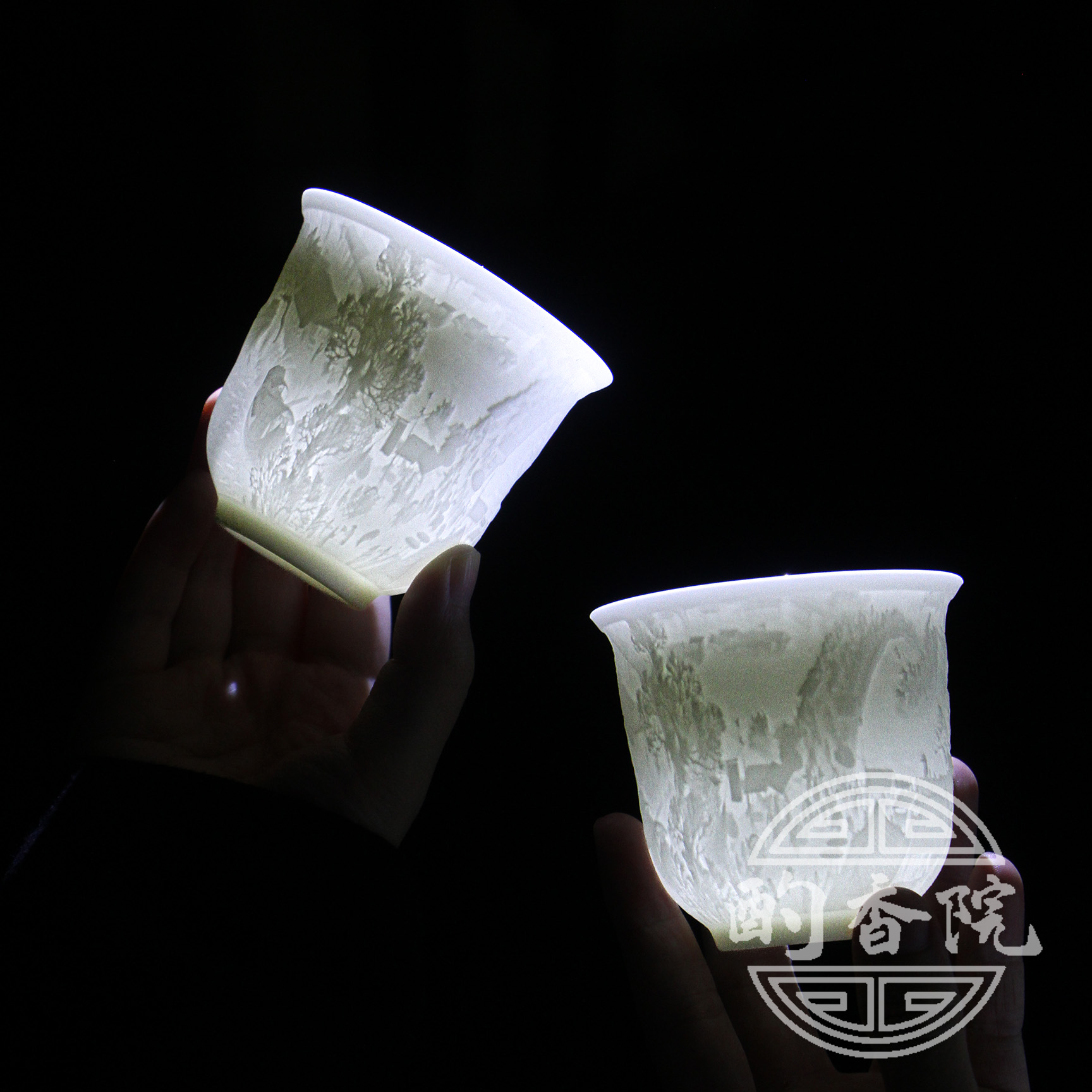 （一对）清明上河图羊脂玉瓷茶杯中式茶杯家用主人杯喝茶杯大号
