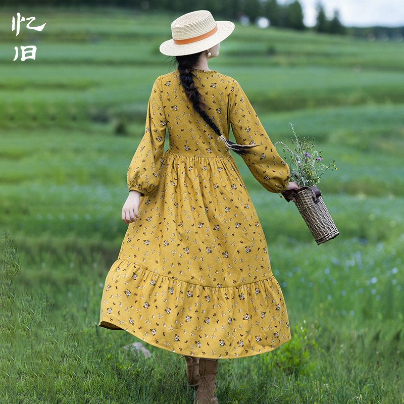 清3161【金蕊冠】复古浪漫碎花连衣裙秋精致V领拼接灯芯绒印花长裙