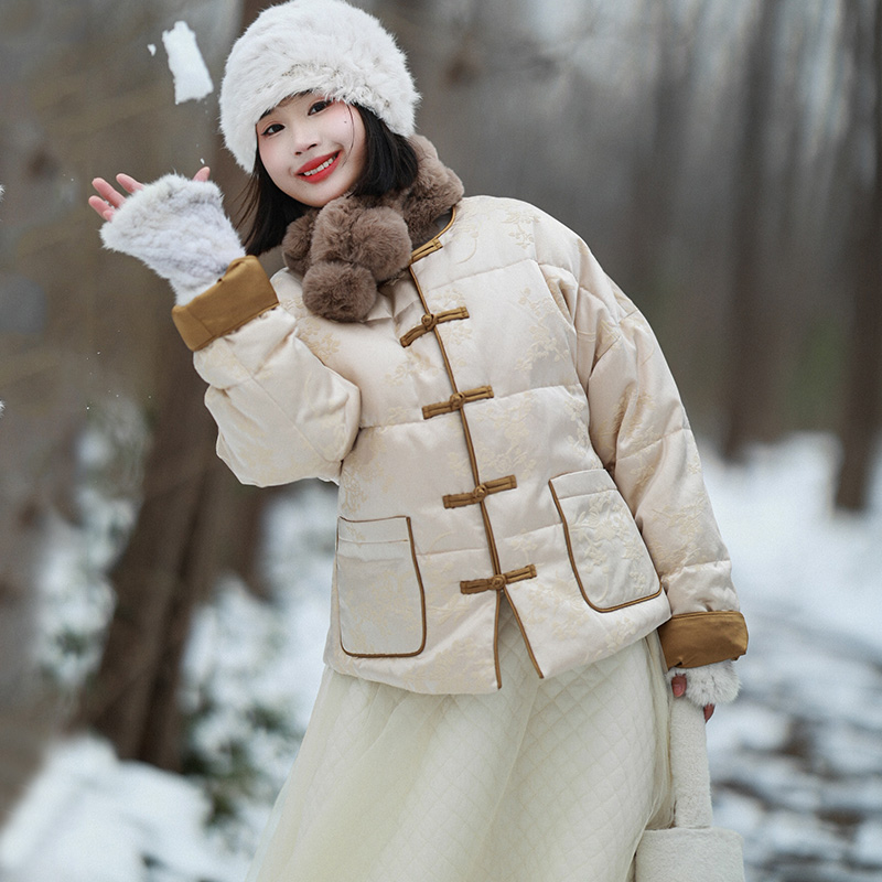 现货1064【祥瑞似锦】轻中式保暖羽绒服女短款撞色盘扣提花外套