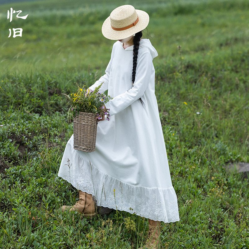 现货3130【白露暧空】春秋季长袖连衣裙女拼接刺绣花边裙白色长裙