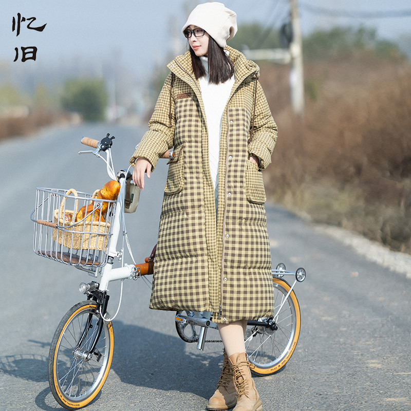 【新风日暖】连帽加厚保暖羽绒服女士冬长款格子灯芯绒保暖防寒外套
