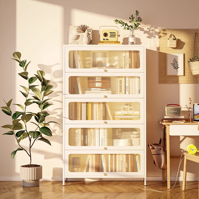 家用钢制儿童书架置物架落地客厅铁艺上翻门防尘多层书柜储物架