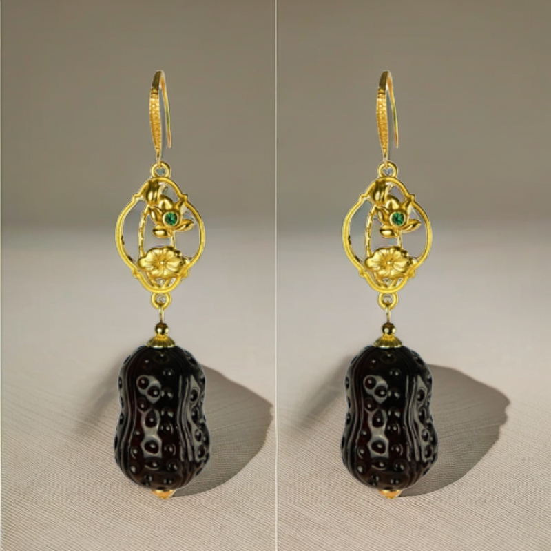 缅甸翳珀气质百搭精选优质时尚国风古风金色双色银镀花生血珀耳环