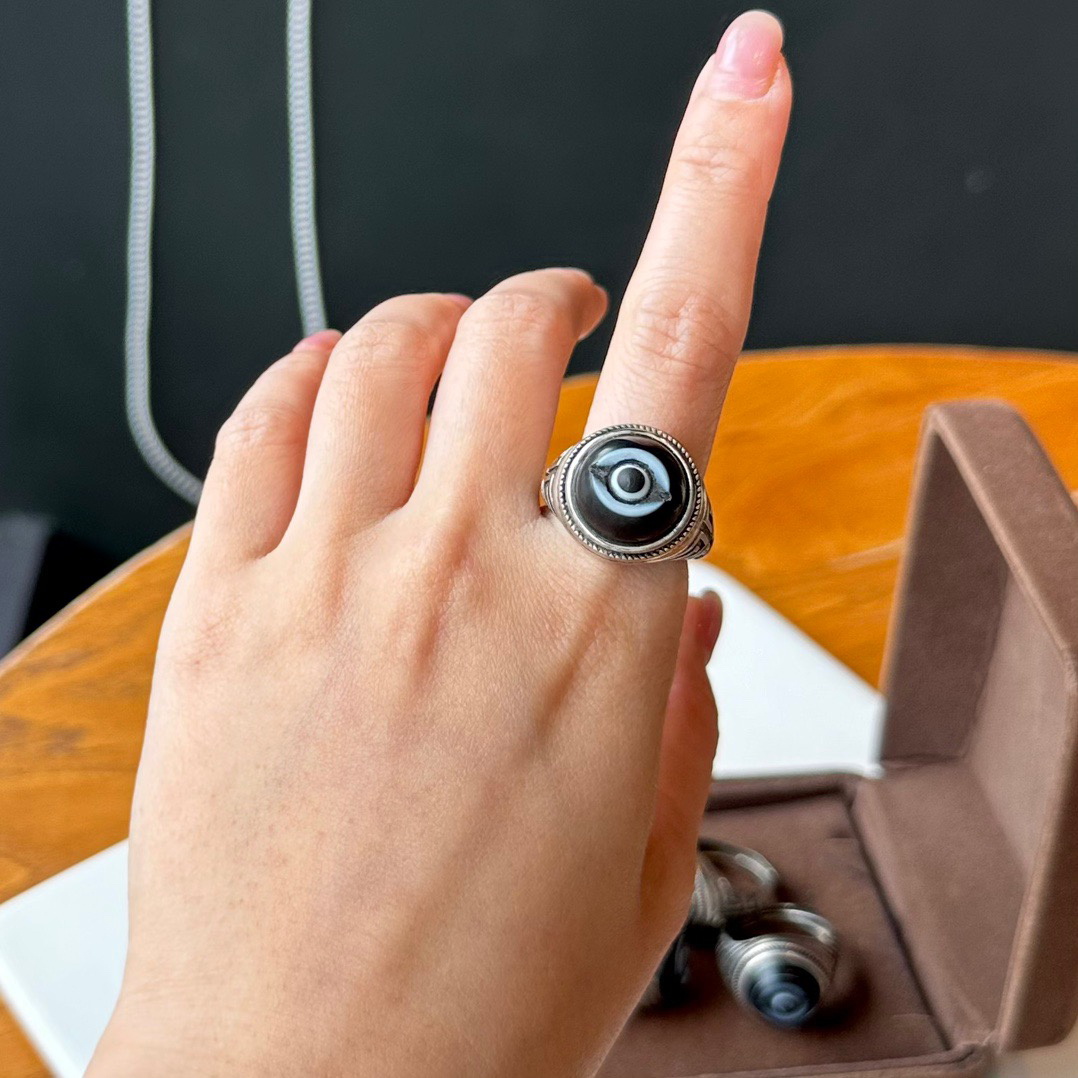 天然玛瑙一线药师天眼戒指925银镶嵌厚镶戒面13mm➕活口设计配证书