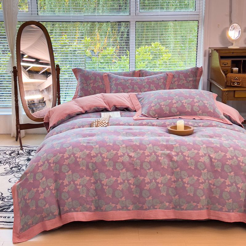 全棉A类纯棉色织水洗双层纱四件套玫瑰花被套床单不缩水不起球