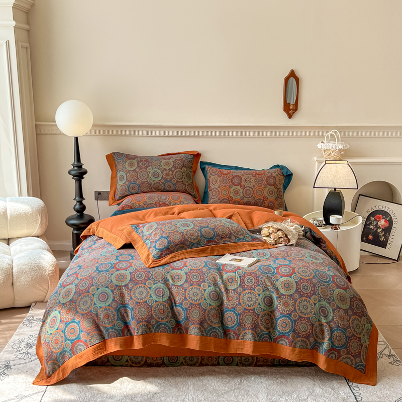 全棉A类纯棉色织水洗双层纱四件套欧式复古被套床单不缩水不起球