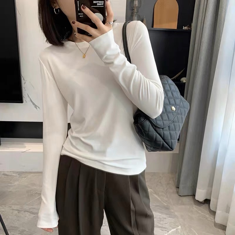 长袖T恤女2025春秋新款白色打底衫纯色洋气内搭显瘦上衣小衫女装