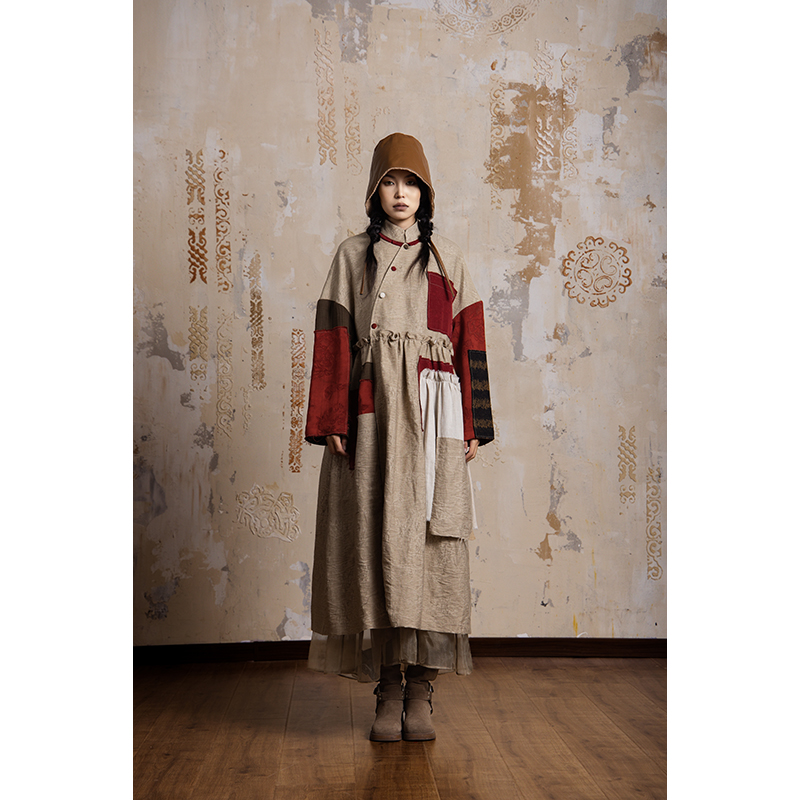 【ELSEN沙粒】拼布复古提花重工民族风秋冬宽松中长款风衣ES0027