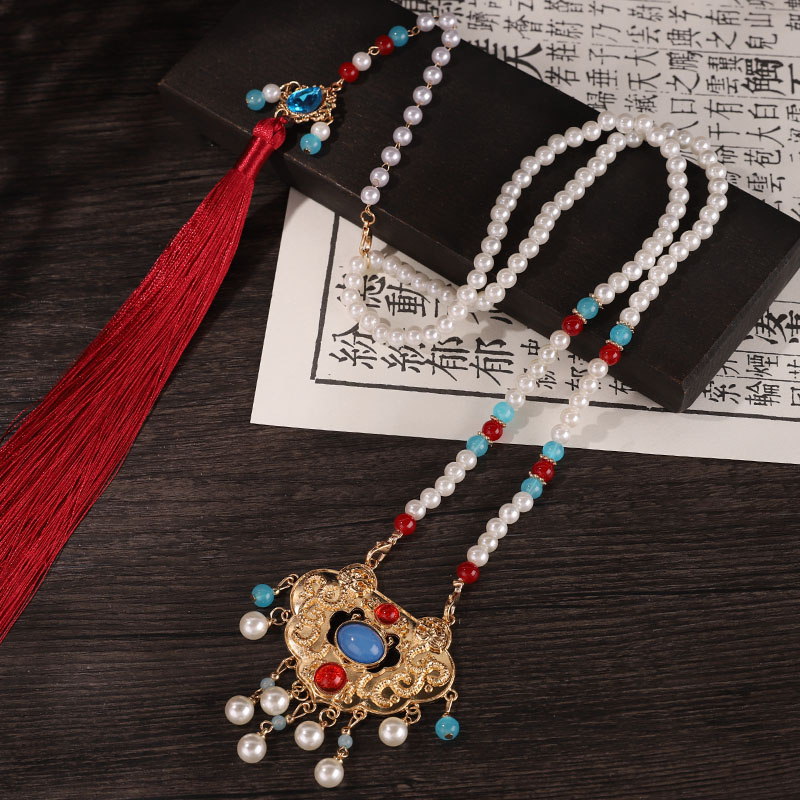 合金仿珍珠吊坠 长款璎珞项链明制流苏汉服长命锁金锁马面裙配饰