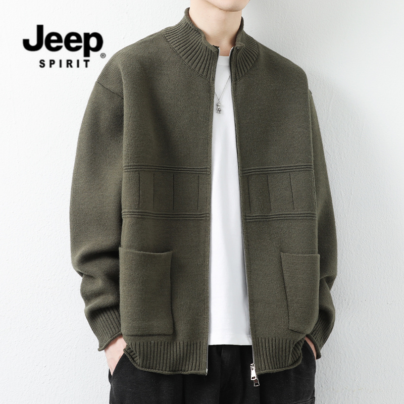 吉普立领针织毛衣男春秋季潮牌宽松休闲男开衫男士轻奢痞帅男装