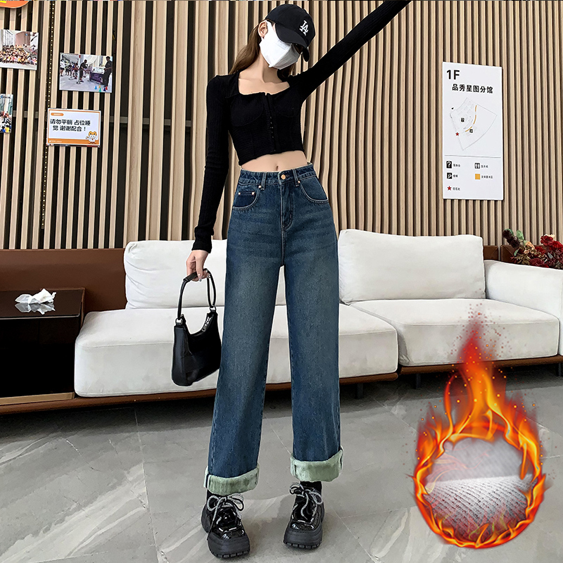 ZENGZHI/增致牛仔ZTG6862-1冬季宽松百搭显瘦加绒阔牛仔裤腿裤女