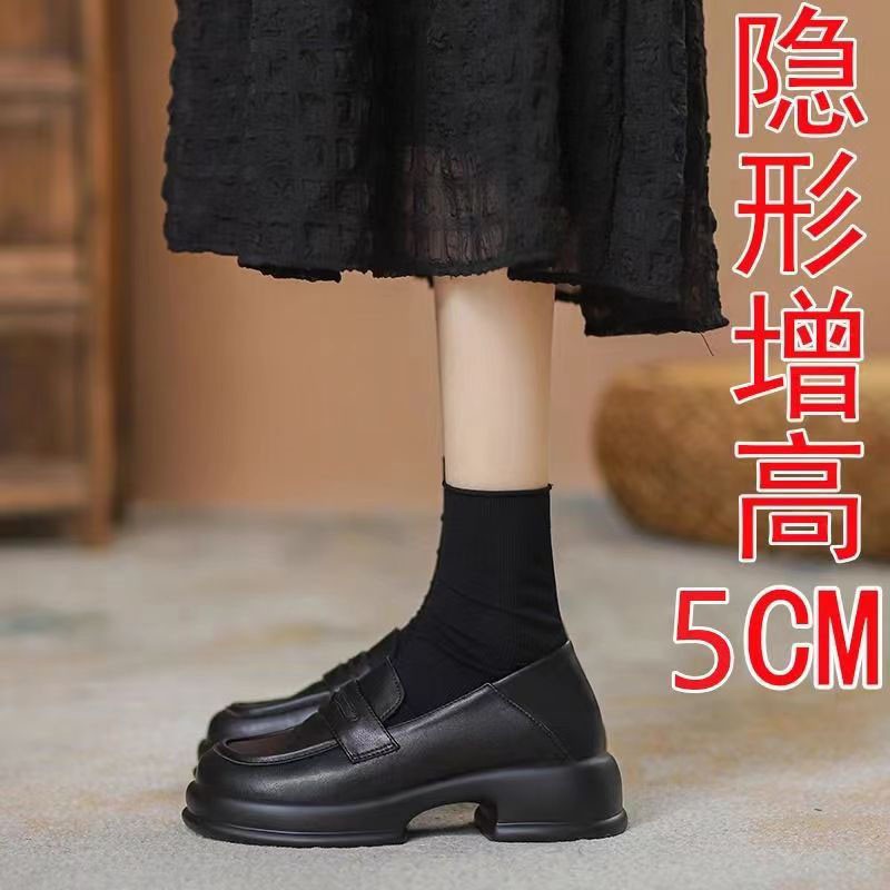 红蜻蜓牌百搭英伦小皮鞋女春秋2023款厚底黑色配裙子小个子乐福鞋