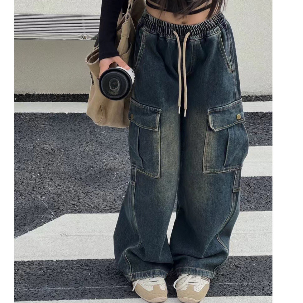 女童童装2023秋冬新品工装裤牛仔裤拖地裤长裤韩版宽松休闲裤