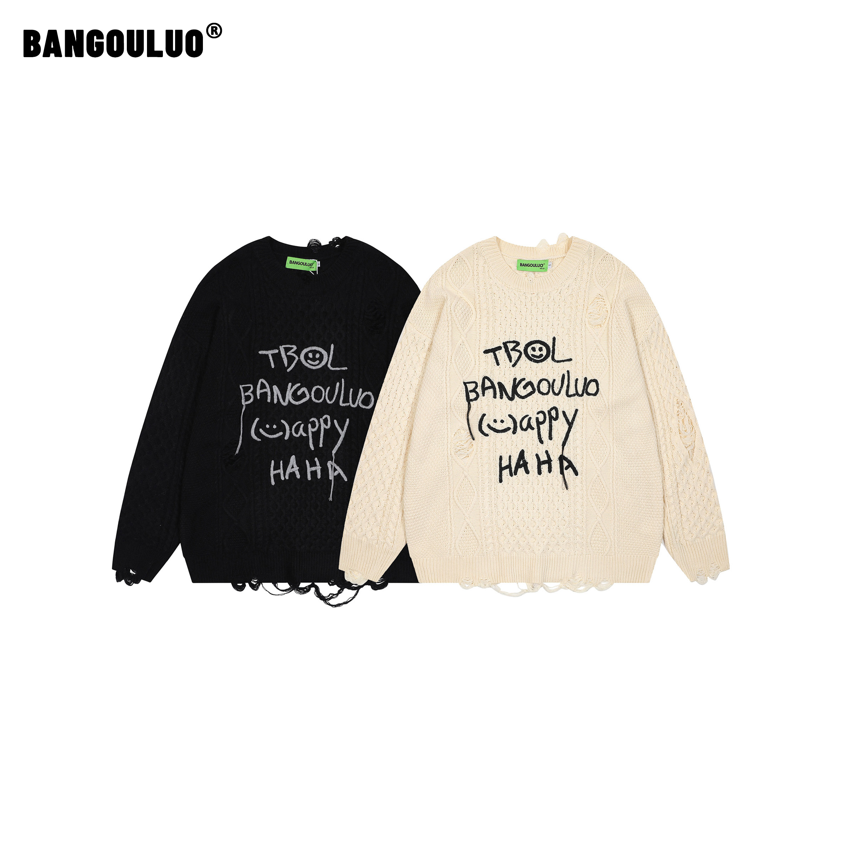 邦欧罗【TIKOU梯口】美式街头刺绣字母笑脸下摆破坏感圆领针织衫