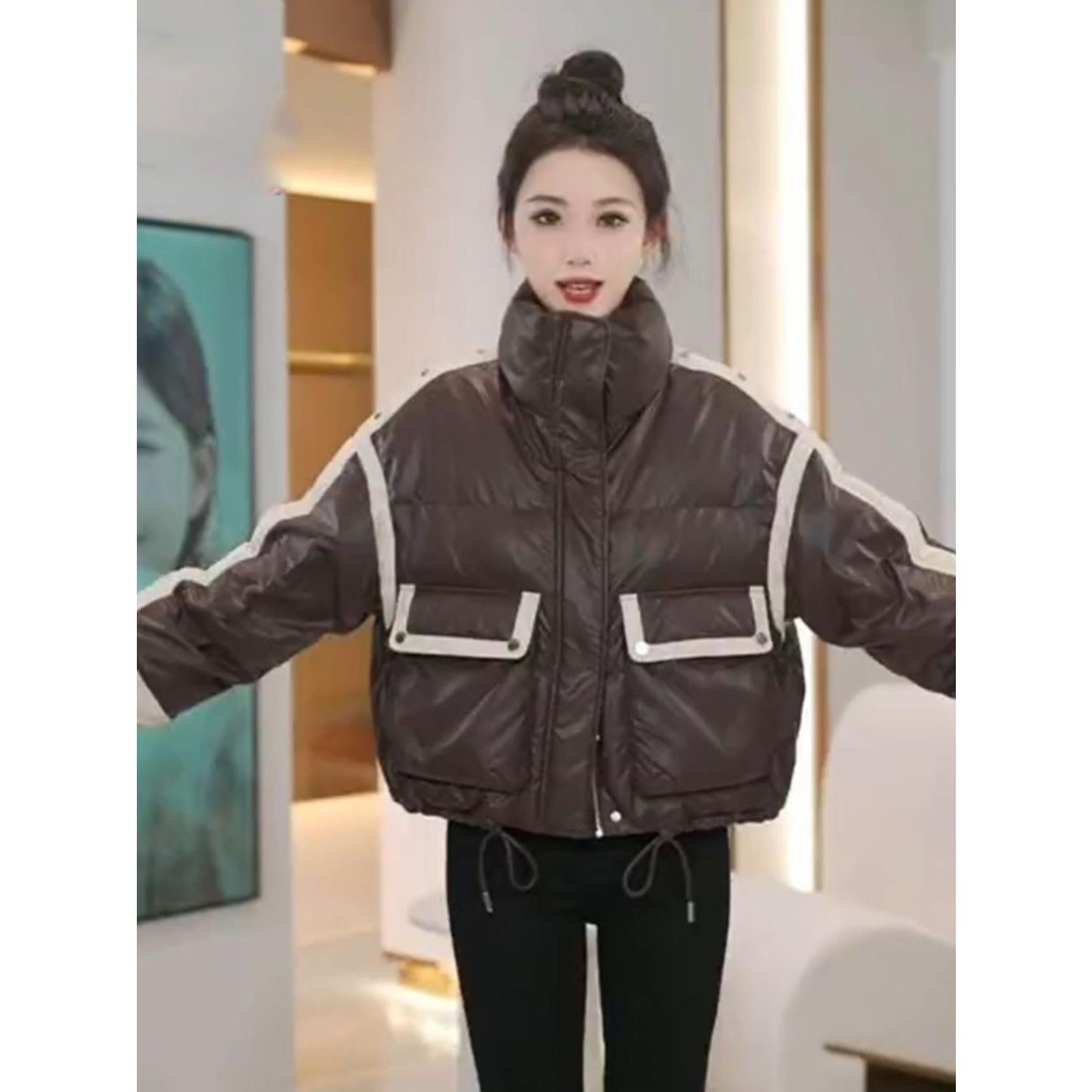 波司登宽松保暖PU皮羽绒服女2023秋冬新款短款立领洋气时尚白鸭绒