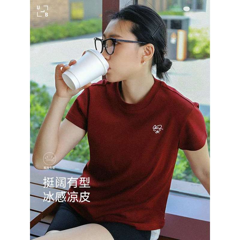 ULIMBER女士正肩短袖T恤夏季弹力刺绣纯色休闲圆领上衣女微胖显瘦