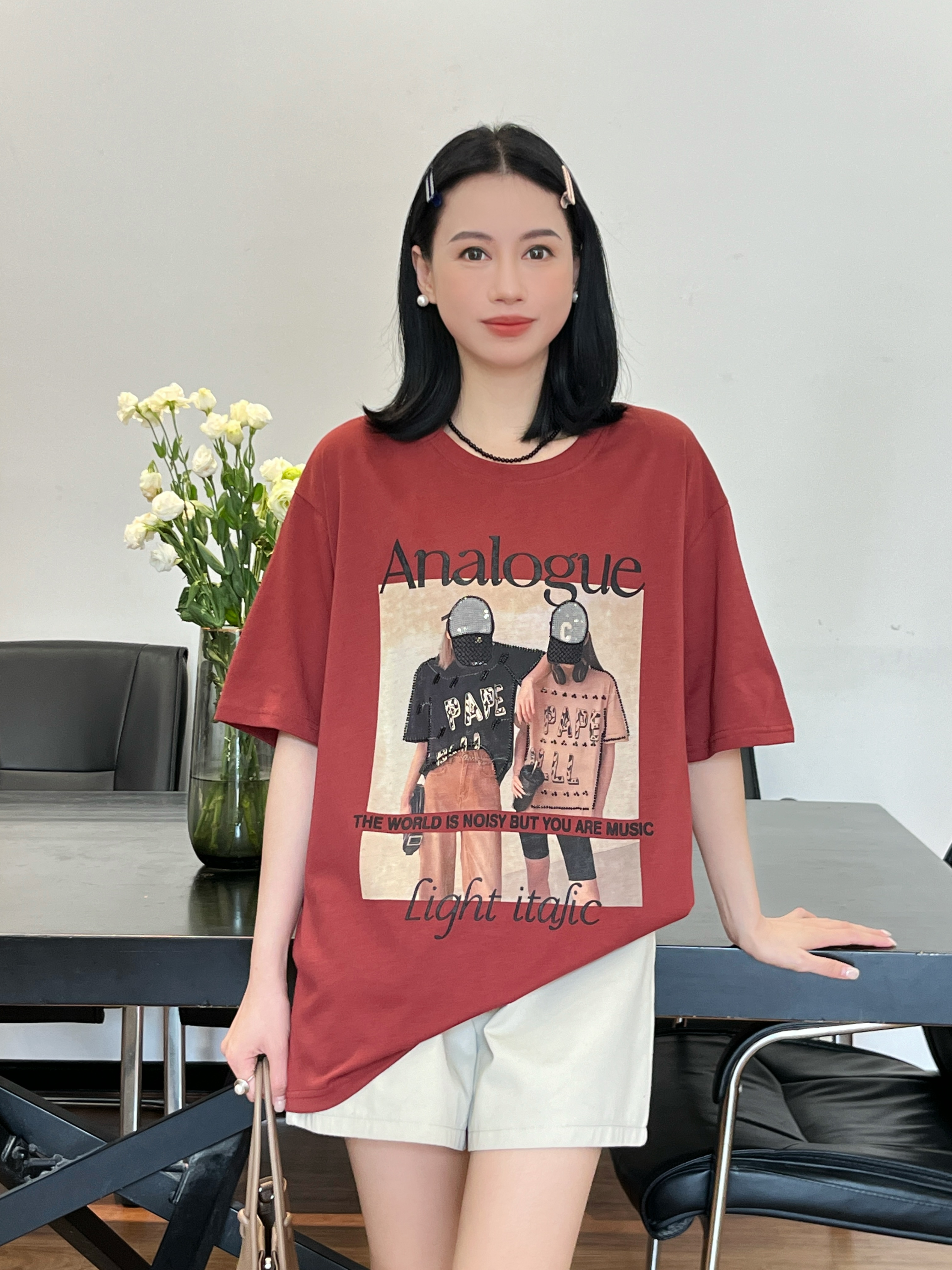 【Si&华严选】后背独特设计短袖时尚印花百搭宽松慵懒风上衣24303